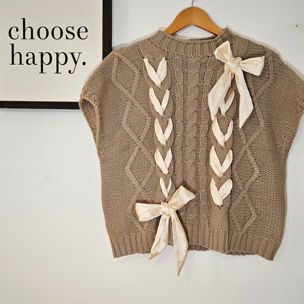 Romantic Beige Cable Knit Sweater Vest Ribbon Bows NWT Size L